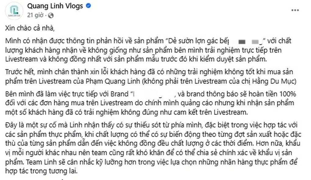 Quang Linh Vlogs xin lỗi vì livestream bán hàng kém chất lượng - 1